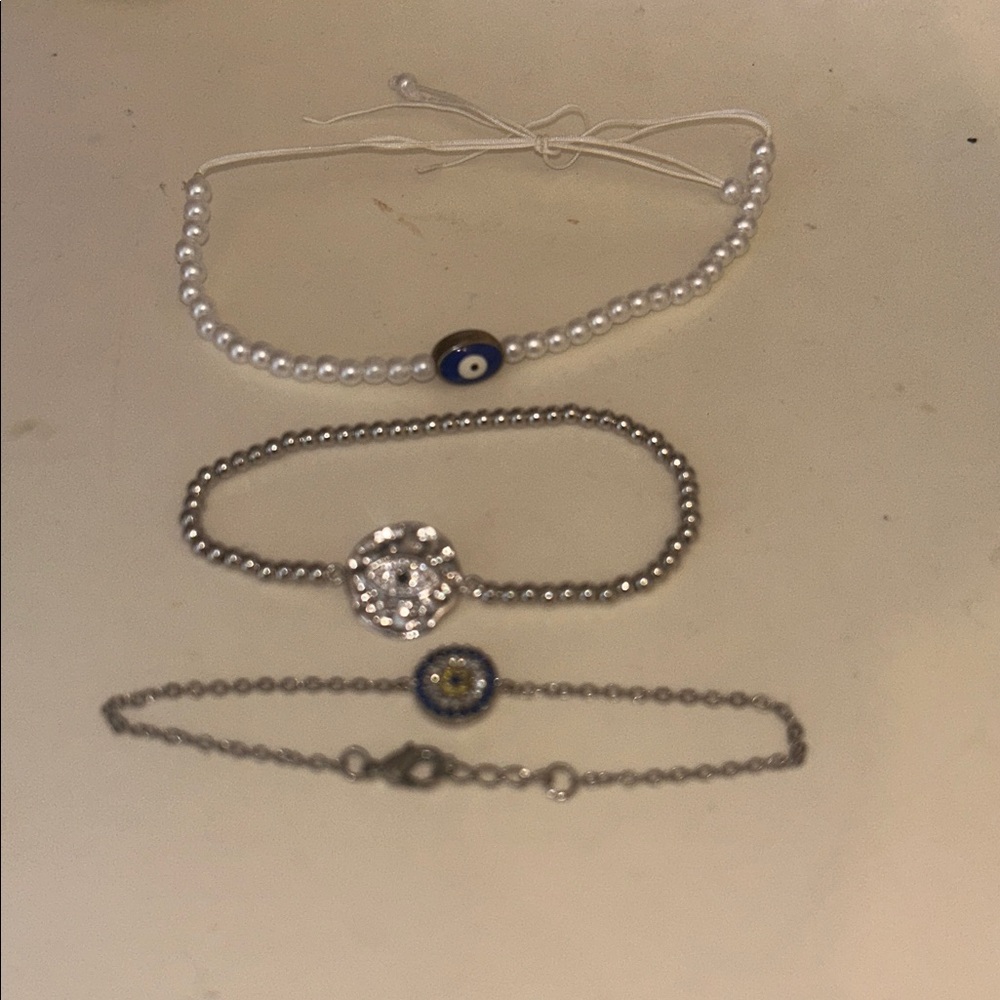 Silver and White Evil Eye Bracelet Set